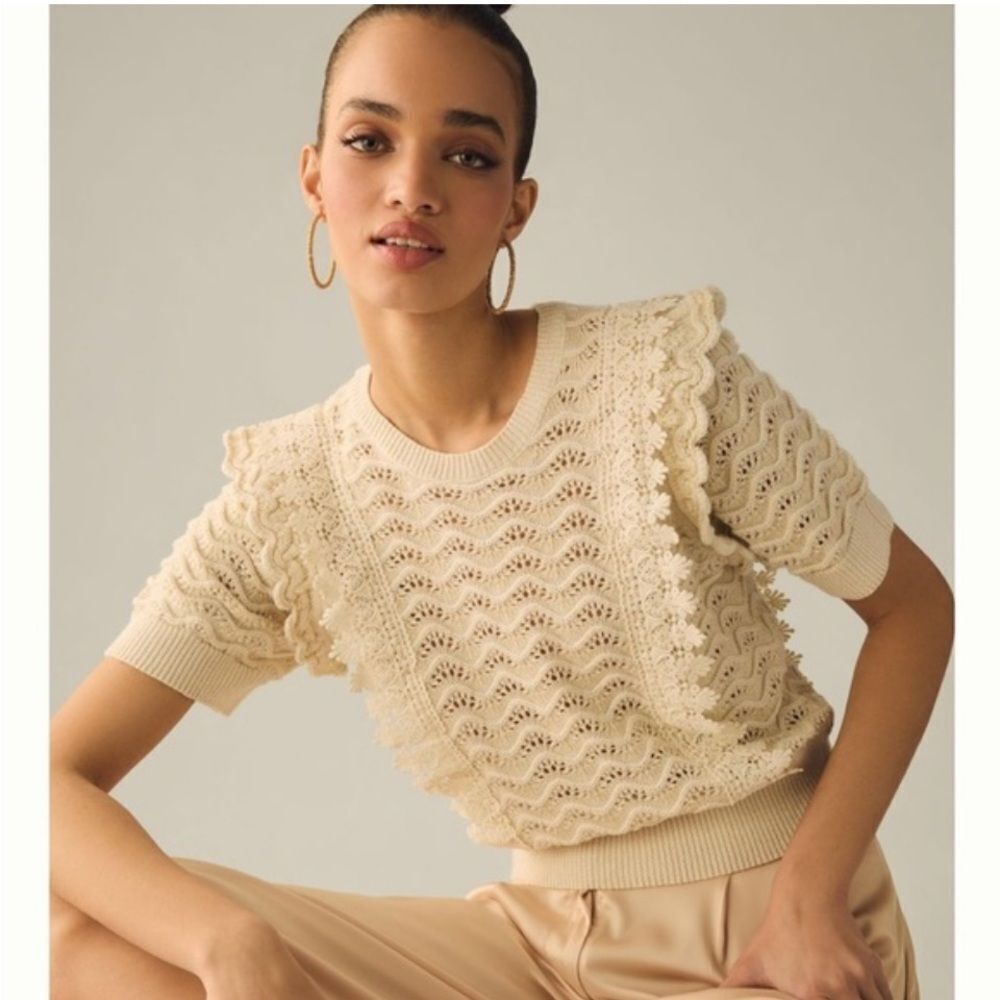 Kachel Shimmer Crochet Tee Anthropologie Short Sleeve Knit Ivory Crème Sweater